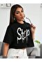 Women's Black Oversize Cut Short Sleeve Off Shoulder Crop Top - 5