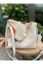 Women's White Scarf with Chain Accessories Soft Leather 3-Compartment Hand and Shoulder Bag - 3