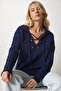 Women's Navy Collar Lace-up Knit Sweater MX00122