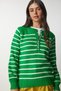 Women's Vibrant Green Buttoned Lapel Striped Knitwear Sweater LX00040 - 3