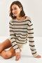 Women's White Black Striped Openwork Seasonal Knitwear Sweater 20234913