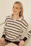 Beige Brown Striped Polo V-Neck Fine Knitwear Sweater - 5