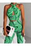 WOMEN'S GREEN MARBLE PATTERNED CROP BLOUSE WITH CLOSED NECK AND BACK COLLEGE TK7891-1 - 2