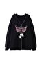 Black Oversize Hooded Cardigan - Kuromi Pink Printed, Zippered Unisex - 2