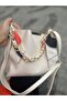 Women's White Scarf with Chain Accessories Soft Leather 3-Compartment Hand and Shoulder Bag - 2