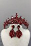 Tokyo Model Bridal Henna Crown and Drop Stone Detailed Shuttle Stone Earring Set Red Color - 4
