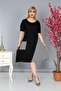 Black Plus Size Short Sleeve Viscose Combed Cotton Dress with Below Knee Pockets