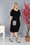 Black Plus Size Short Sleeve Viscose Combed Cotton Dress with Below Knee Pockets - 2