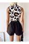 Women's Ecru Brown Pattern Sleeveless High Collar Camisole Viscose Blouse - 3