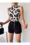 Women's Ecru Brown Pattern Sleeveless High Collar Camisole Viscose Blouse - 4