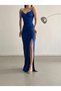 Women's Strappy Detailed Long Slit Evening Dress Lycra Fabric Dress Cobalt Blue - 7