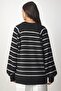 Women's Black Buttoned Collar Striped Knitwear Sweater LX00040 - 7