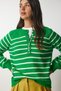 Women's Vibrant Green Buttoned Lapel Striped Knitwear Sweater LX00040