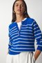 Women's Blue Ecru Buttoned Collar Knitwear Sweater LX00040 - 2