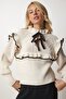 Women's Cream Frilly Bow Collar Knitwear Sweater MT00112 - 2