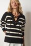 Woman's Black Lace-up Striped Knitwear Sweater MX00109