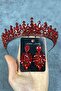 Petro Henna Crown Crystal Jewelled Crown and Drop Stone Earring Set Red Color