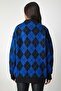Women's Blue Diamond Patterned Oversize Knitwear Sweater YY00162 - 6