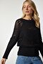 Women's Black Textured Openwork Knitwear Sweater NV00063 - 4