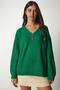 Women's Dark Green V-Neck Oversize Basic Knitwear Sweater MX00130 - 4