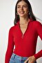 Women's Red Zipper High Collar Ribbed Knitwear Blouse BV00093 - 2
