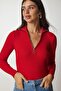 Women's Red Zipper High Collar Ribbed Knitwear Blouse BV00093 - 4
