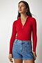 Women's Red Zipper High Collar Ribbed Knitwear Blouse BV00093 - 5