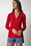 Women's Red Zipper High Collar Ribbed Knitwear Blouse BV00093 - 7