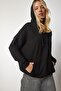 Women's Black Hooded Basic Sweatshirt with Pockets SM00152 - 4
