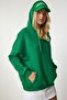 Women's Green Hooded Ribbed Basic Sweatshirt SM00153 - 4
