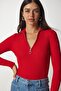 Women's Red Zipper High Collar Ribbed Knitwear Blouse BV00093 - 3