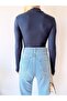 Women's Navy Blue High Collar Long Sleeve Viscose Blouse - 5