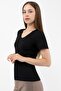 Women's Black Cotton V-Neck Short Sleeve Blouse - 5