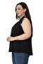 Plus Size Collar Pleated Lined Sleeveless Black Blouse with Ribbon Detail on the Shoulder - 4