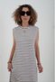 Black Beige Striped O Neck Long Dress - 5