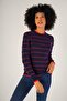 Navy Blue Women's Linxli Openwork Striped Crew Neck 100% Cotton Sweater - 2