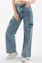 Medium Snow Washing Cargo Loose Back Pocketless Lycra Super High Waist Jean Trousers - 3