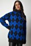 Women's Blue Diamond Patterned Oversize Knitwear Sweater YY00162 - 4