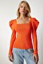 Women's Orange Square Neck Corded Knitwear Blouse YY00159 - 4