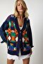 Women's Navy Blue Orange Denim Sleeve Detailed Patterned Knitwear Cardigan MX00102