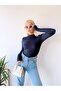 Women's Navy Blue High Collar Long Sleeve Viscose Blouse
