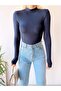 Women's Navy Blue High Collar Long Sleeve Viscose Blouse - 2