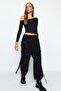 Siyah Tek Omuz Pamuklu Esnek Fitted/Vücuda Oturan Crop Örme Bluz TWOAW24BZ00099 - 9