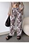 Women's Patterned Brown White Wide Leg Elastic Waist Linen Blend Loose Cut Trousers