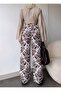 Women's Patterned Brown White Wide Leg Elastic Waist Linen Blend Loose Cut Trousers - 4