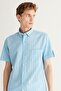 Men's Blue Comfort Fit Relaxed Cut Button Collar Cotton Striped Short Sleeve Shirt - 2