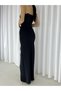 Women's Strappy Detailed Long Slit Evening Dress Lycra Fabric Dress Black - 5