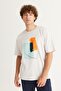 Men's Gray Oversize Loose Cut Crew Neck 100% Cotton Printed T-Shirt - 3
