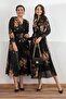 Yellow Floral Print Double-Breasted Collar Chiffon Plus Size Dress Black