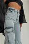 Light Snow Washing Cargo Loose Back Pocketless Lycra Super High Waist Jean Trousers